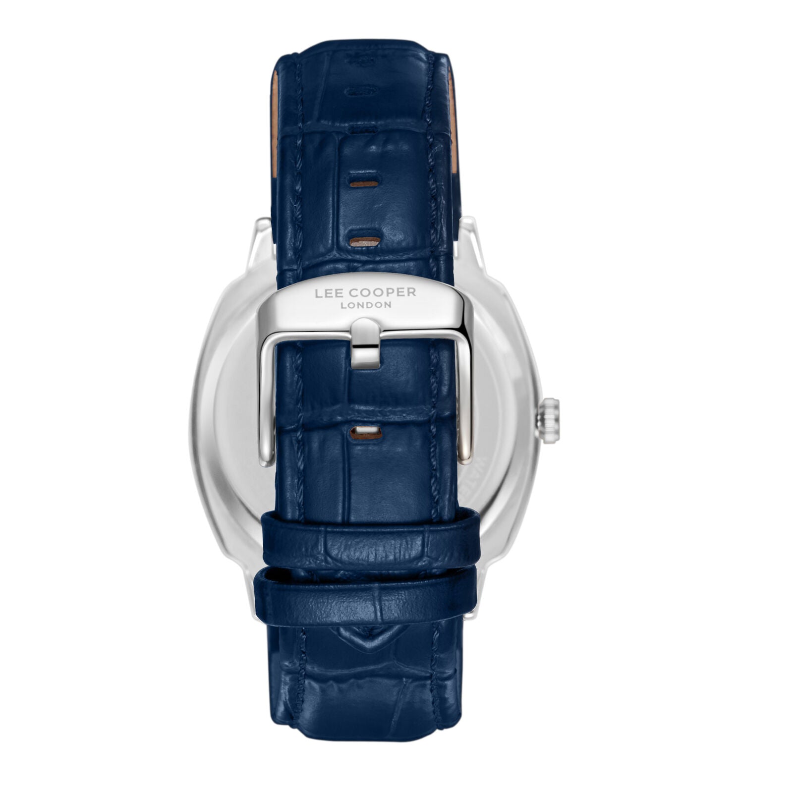 Lee Cooper watch caseback showing silver case with navy leather strap
