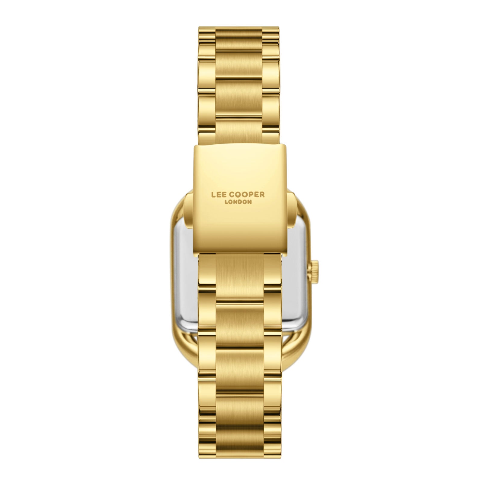 Lee Cooper caseback showing gold-tone stainless steel with Lee Cooper London branding