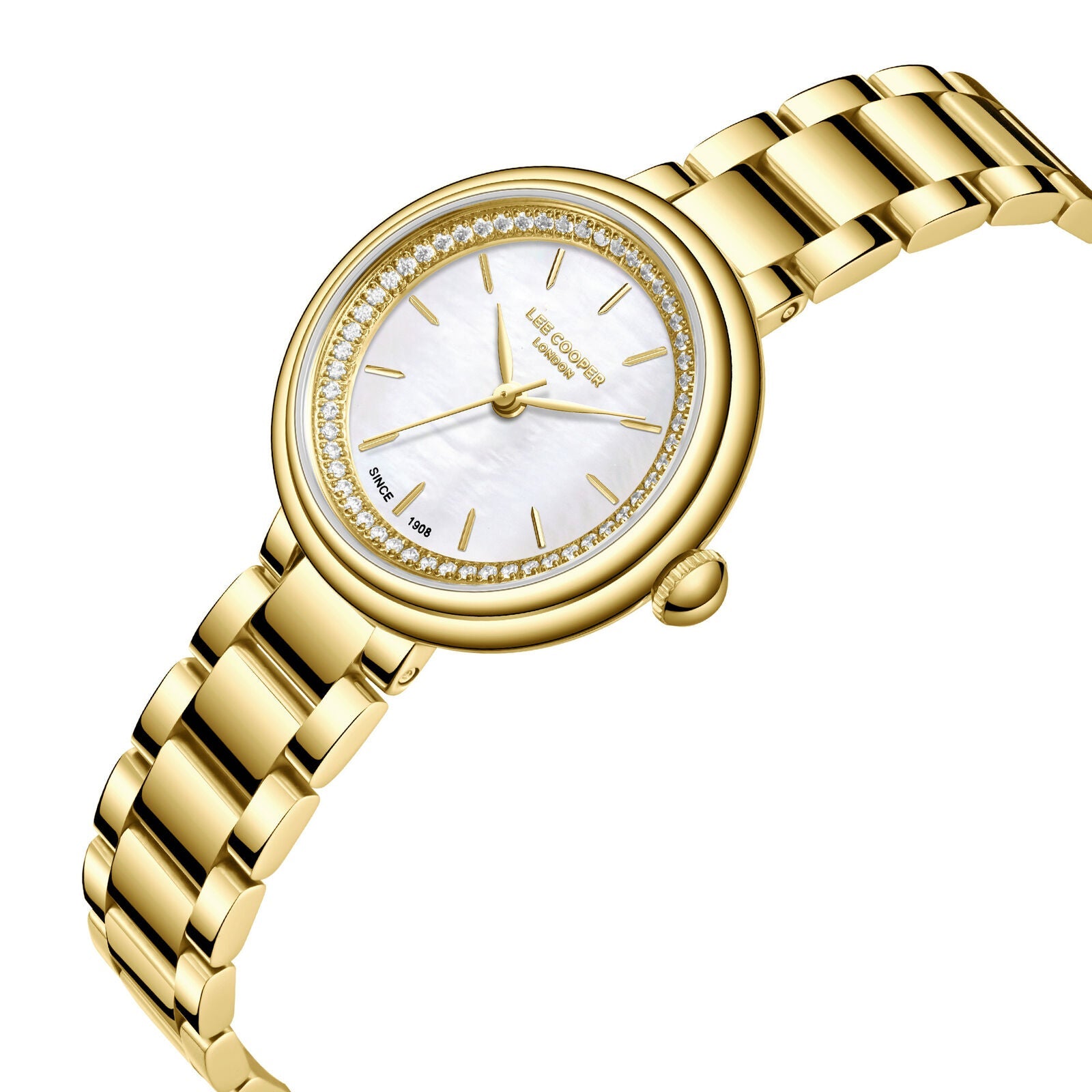 Lee Cooper classic watch angled view showing white MOP dial and gold bracelet