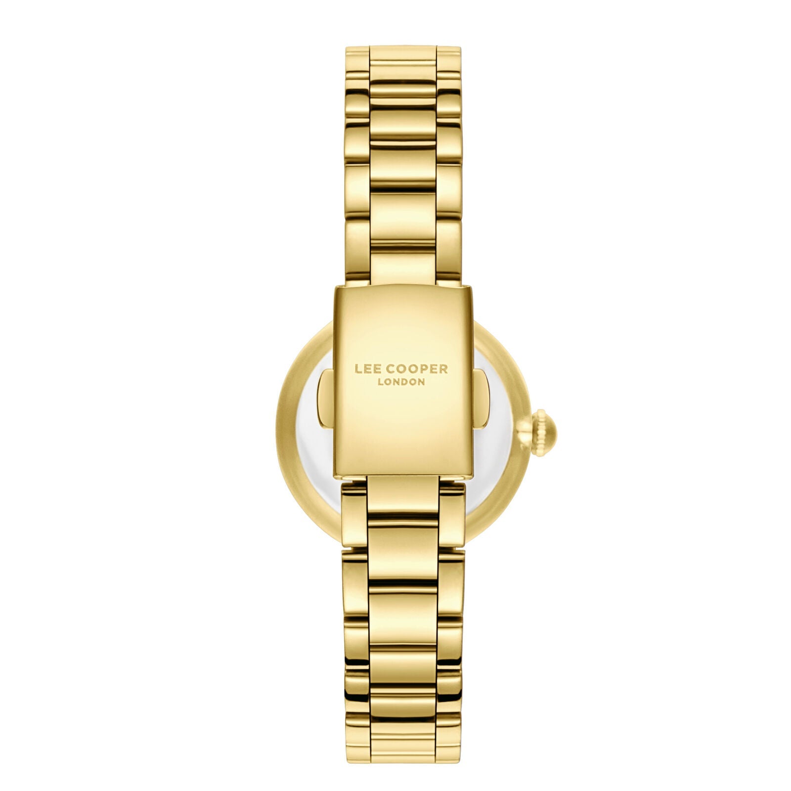 Lee Cooper watch caseback showing gold-tone case and link bracelet