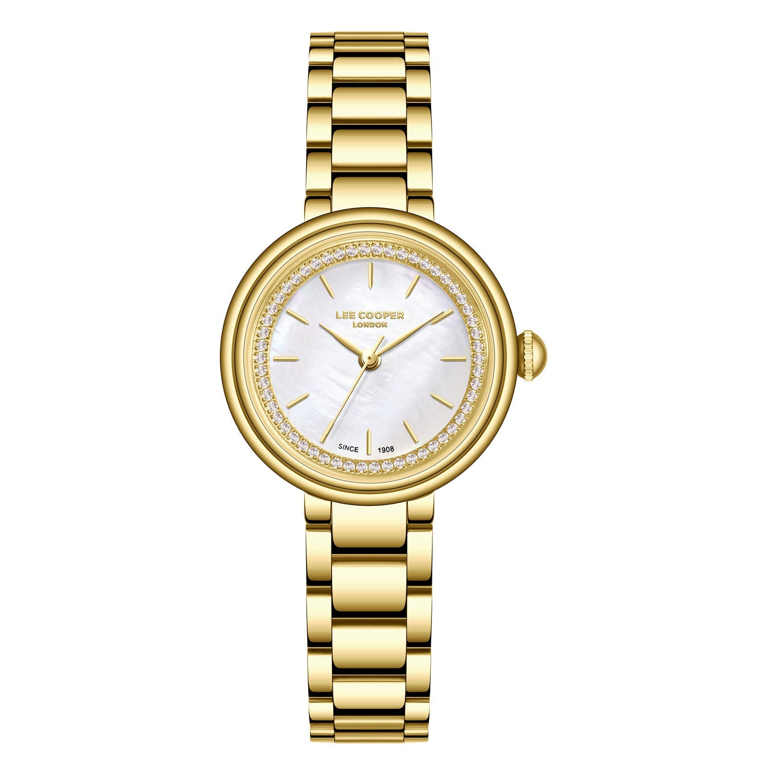Lee Cooper Classic gold watch with white mother-of-pearl dial and crystal-set bezel