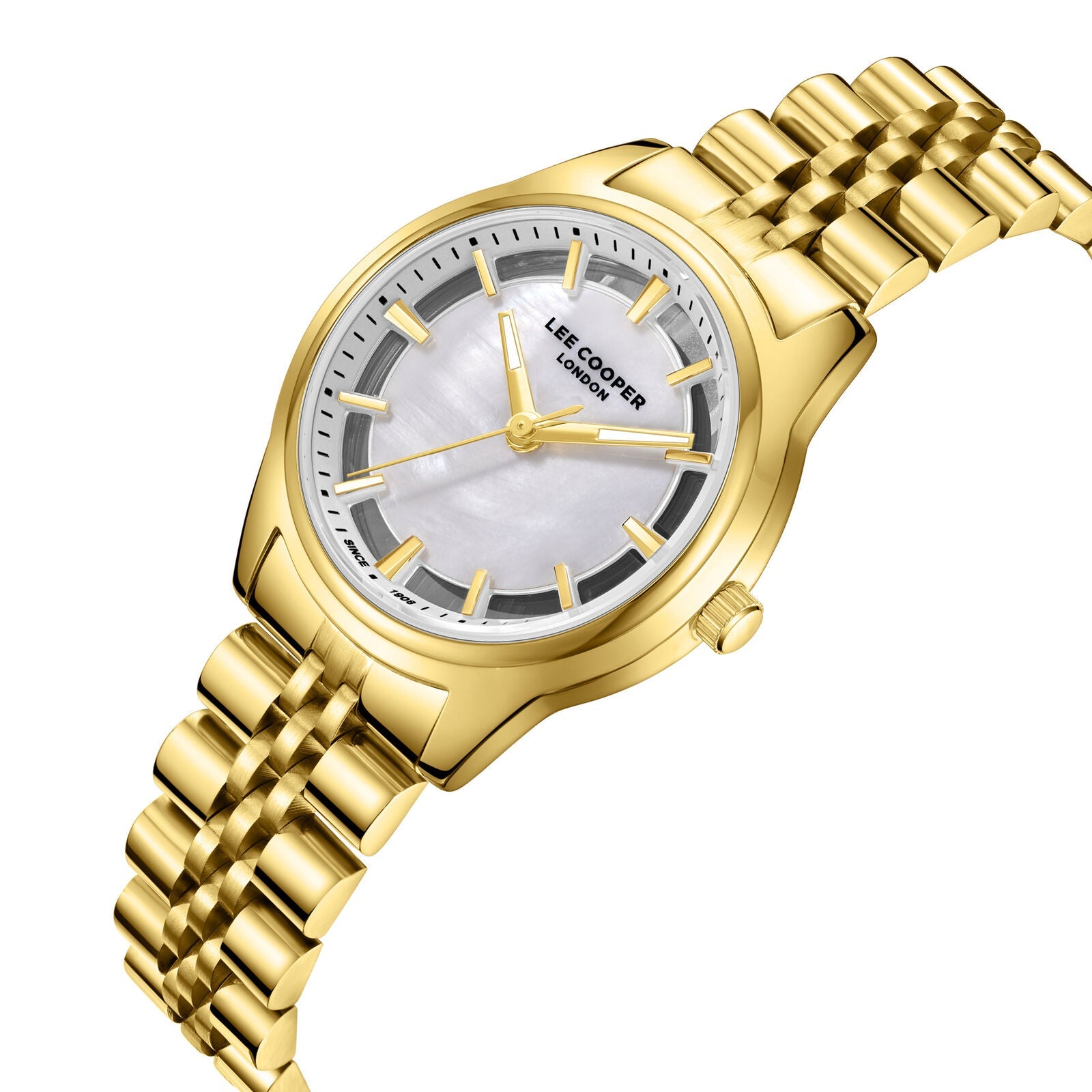 Lee Cooper watch angled view showing gold-tone case, white MOP dial, and mesh bracelet