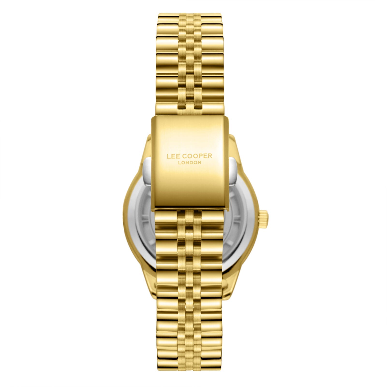 Caseback view of Lee Cooper watch showing gold-tone case and bracelet clasp