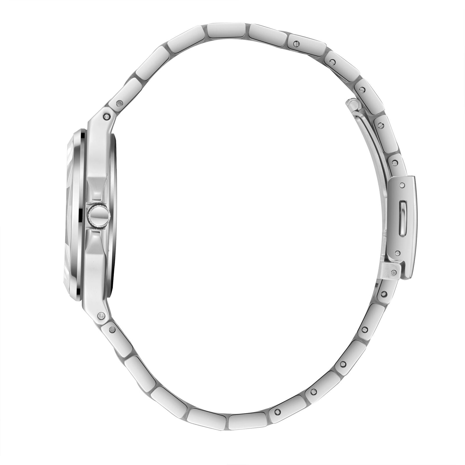 Side profile of Lee Cooper Casual Classic watch showing silver bracelet and case thickness