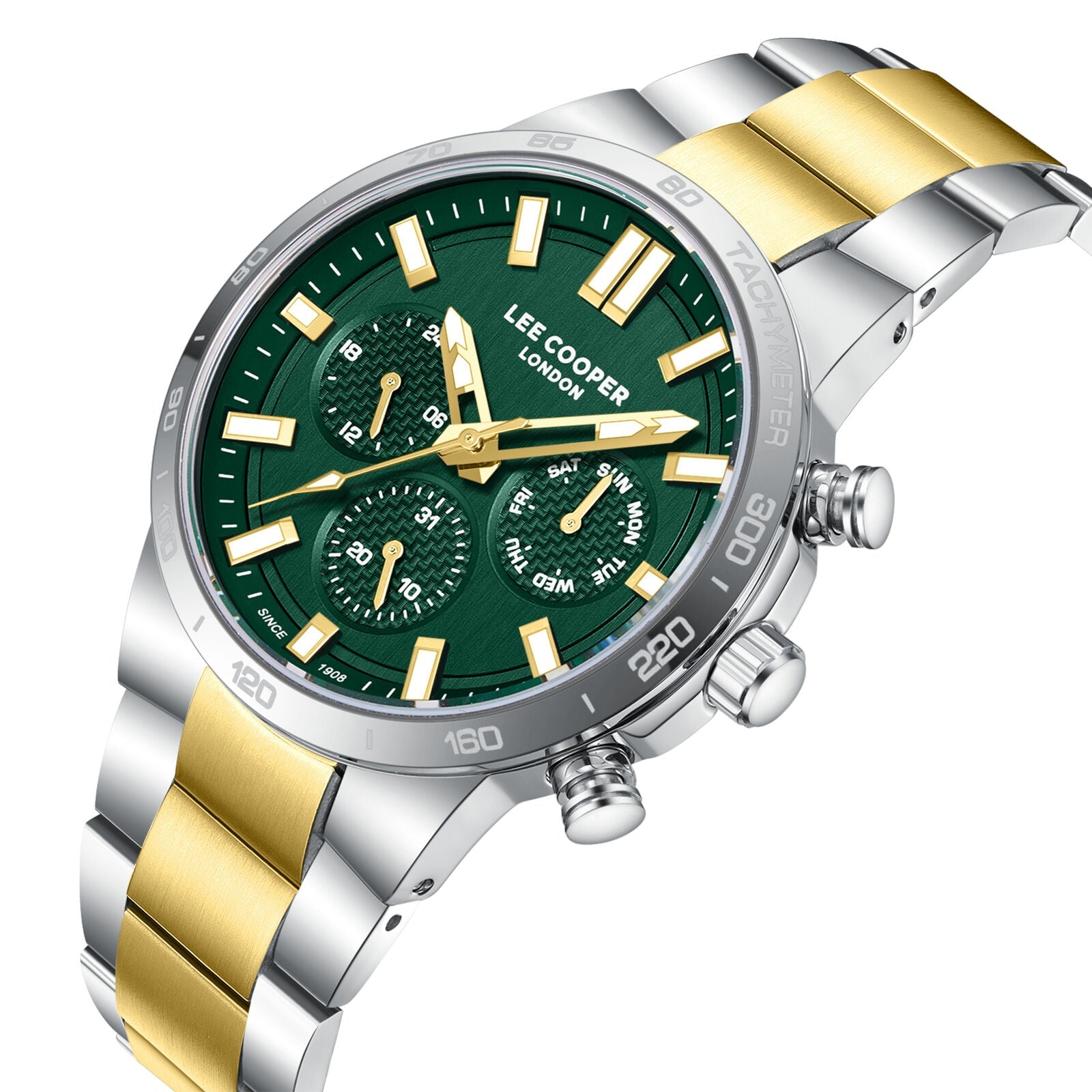 Lee Cooper LC08293.270 chronograph watch at angle showing green dial and two-tone design