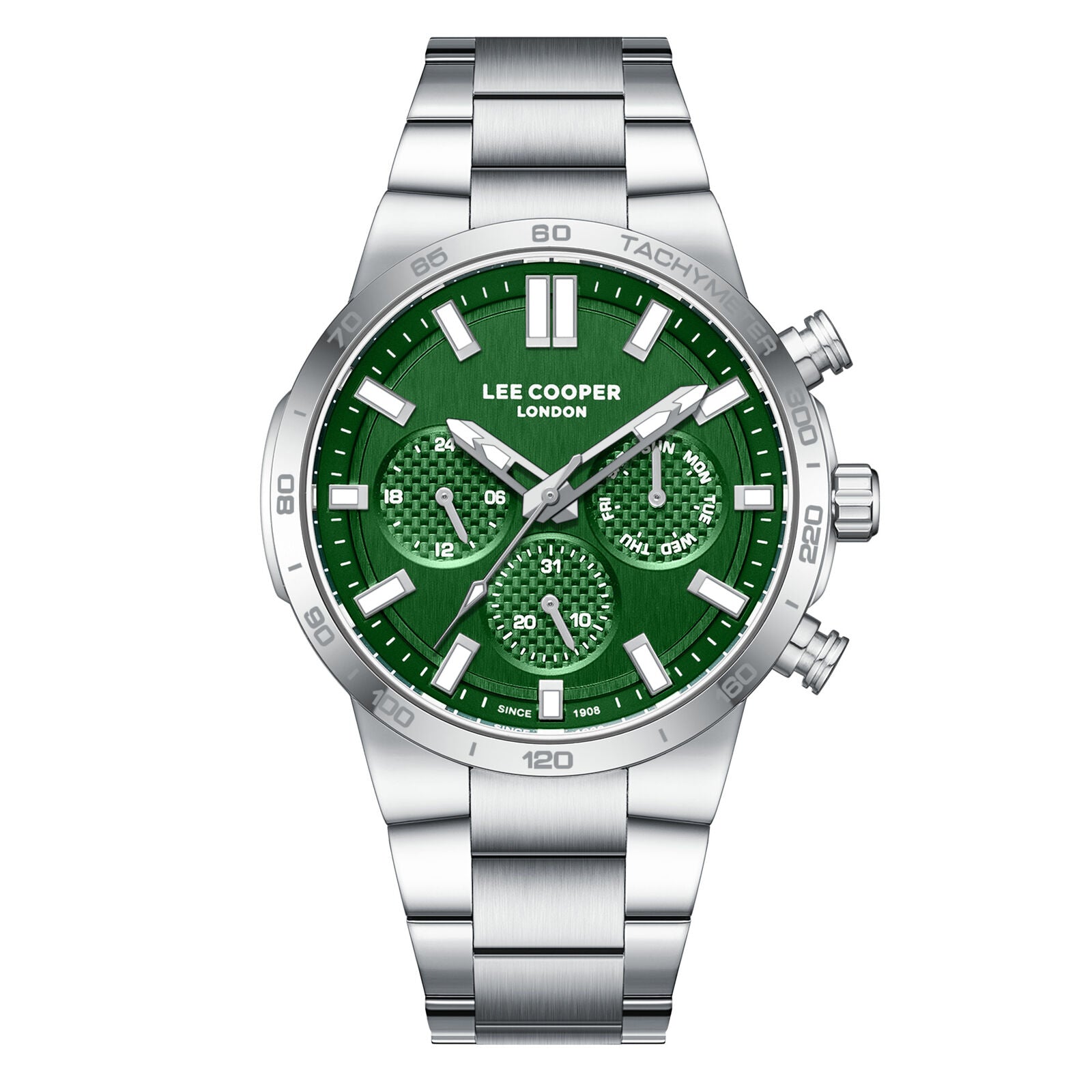 Lee Cooper chronograph watch with green dial and silver-tone stainless steel bracelet