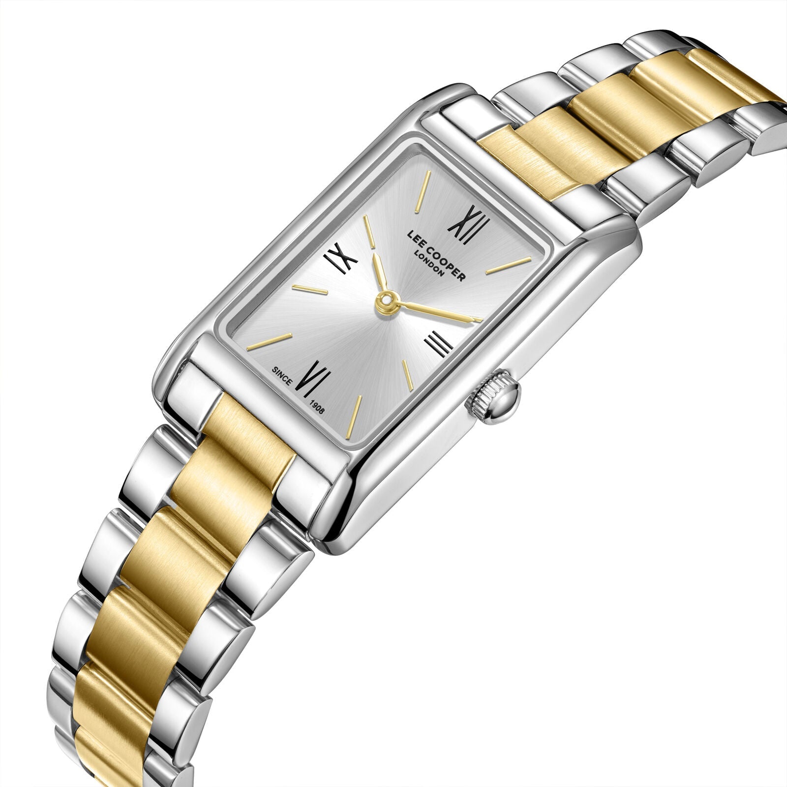 Lee Cooper LC08300.230 watch angled view showing two-tone bracelet and rectangular case