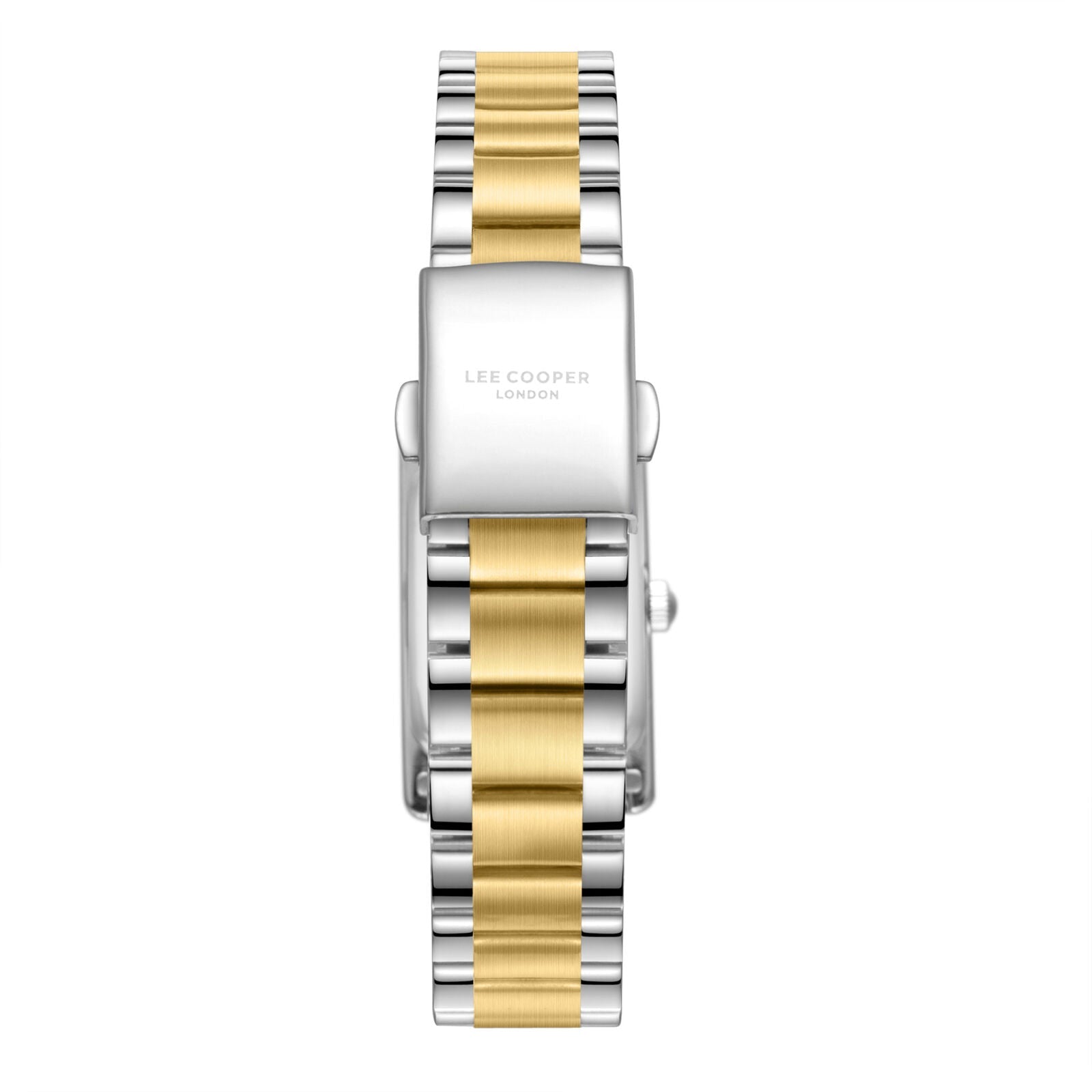 Lee Cooper LC08300.230 watch caseback showing two-tone steel and gold bracelet detail