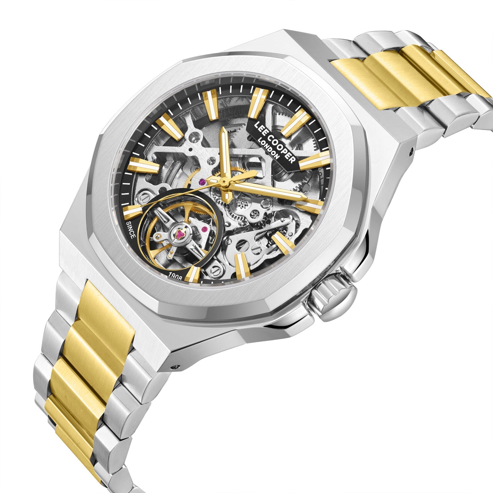Angled view of Lee Cooper automatic watch showing two-tone bracelet and skeleton dial with mechanical components