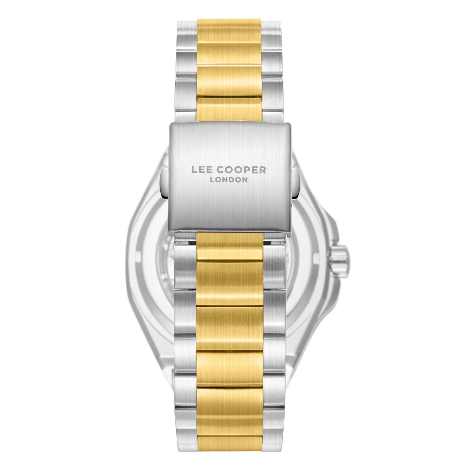 Case back of Lee Cooper watch displaying two-tone steel and gold-plated bracelet with London branding