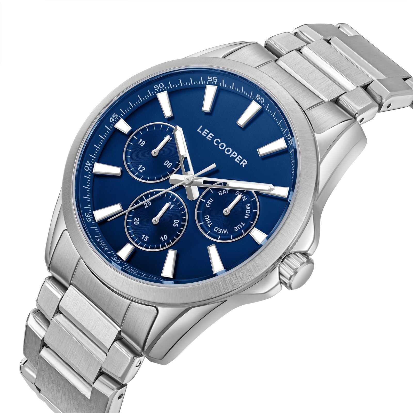 Lee Cooper Malo watch from angled view showing blue dial with three subdials and silver bracelet