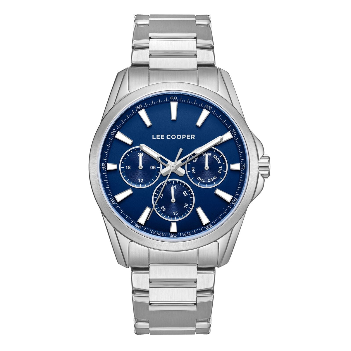 Lee Cooper Malo multifunction chronograph watch with blue dial and silver stainless steel case