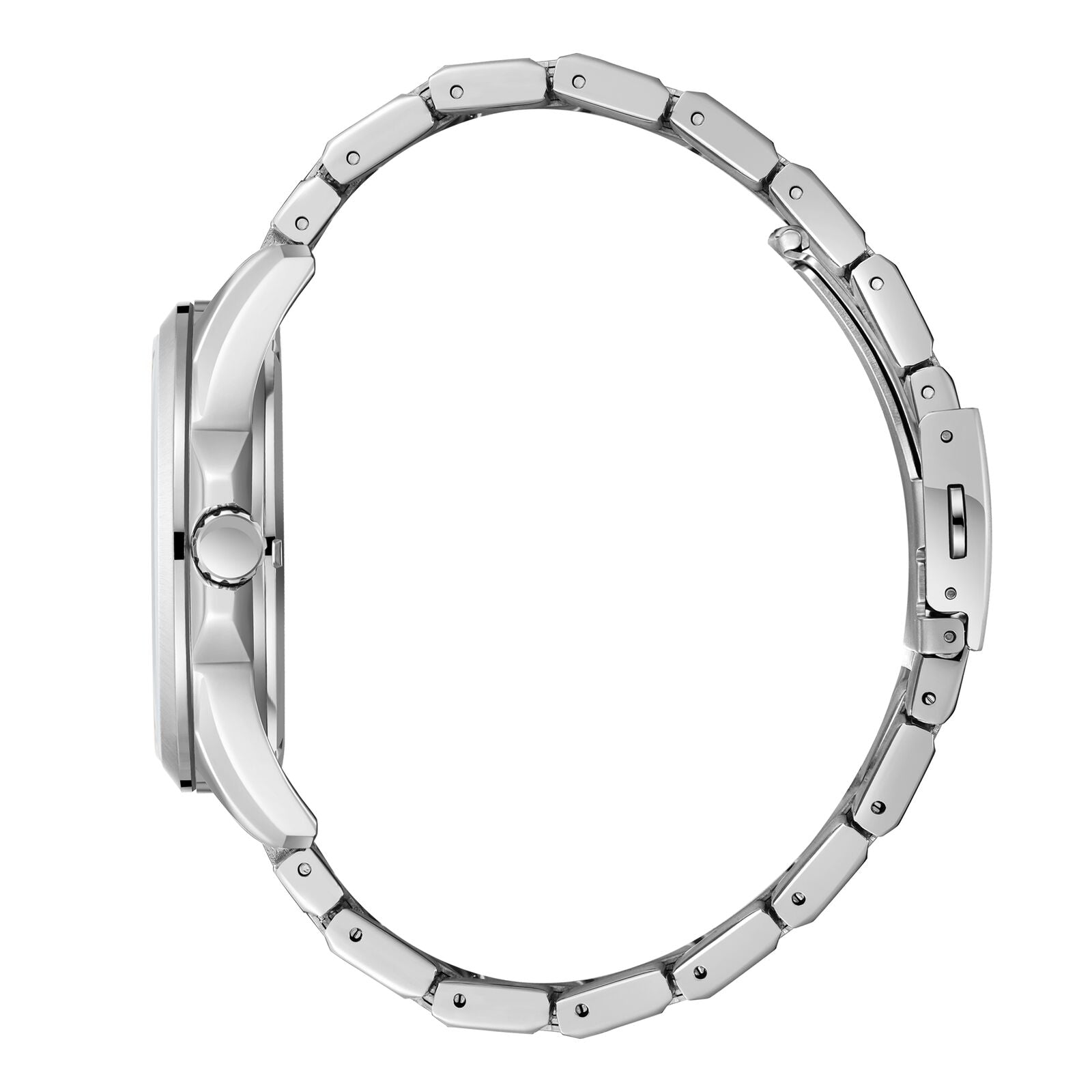 Side profile of Lee Cooper Malo watch showing silver stainless steel case and bracelet