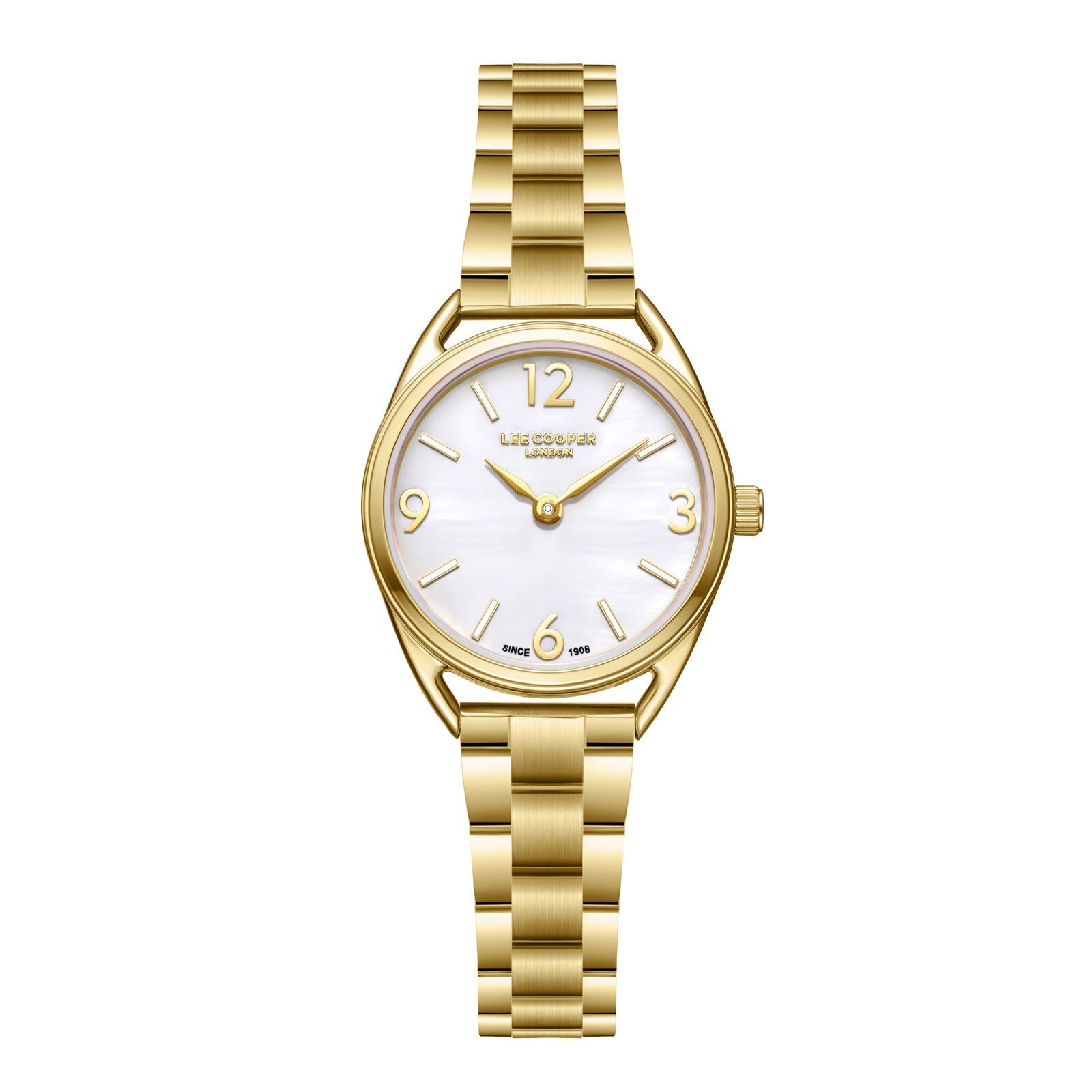 Lee Cooper Nayla gold watch with white MOP dial and gold bracelet, front view