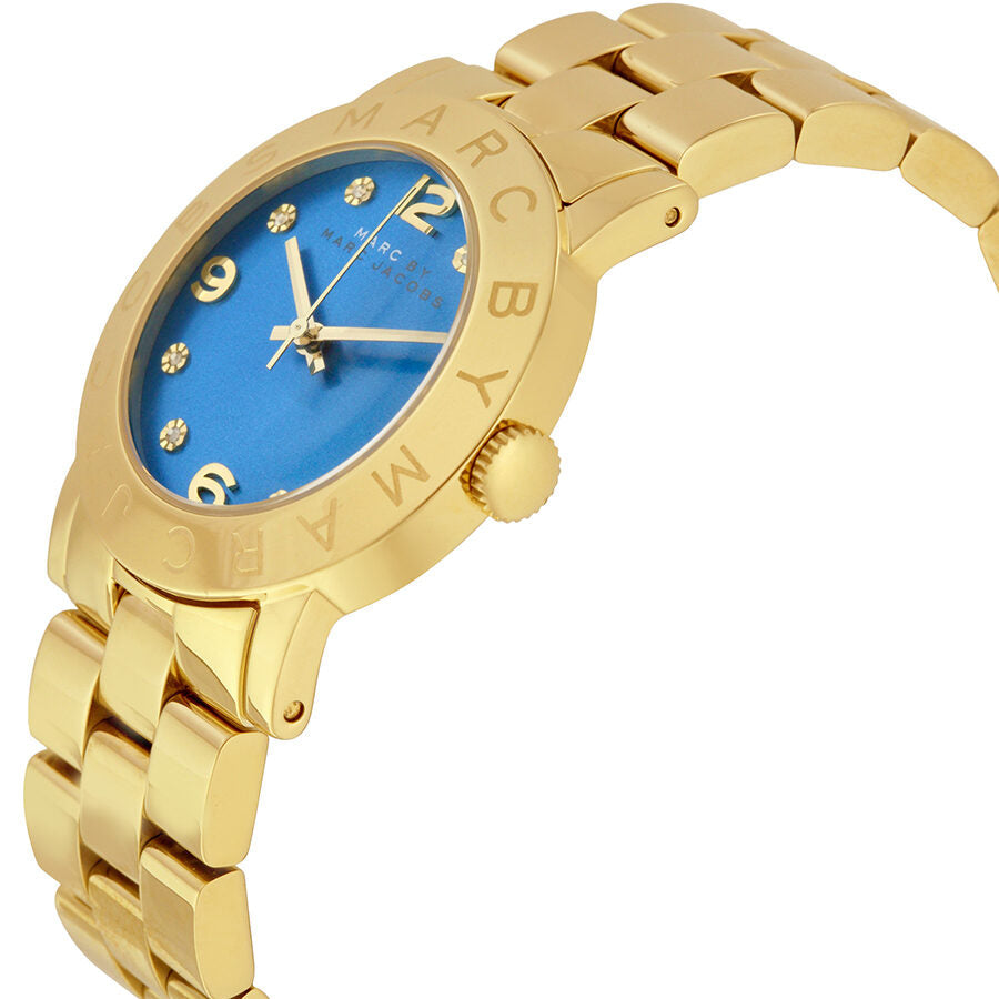 Marc by Marc Jacobs Amy watch side angle showing gold bracelet and blue dial
