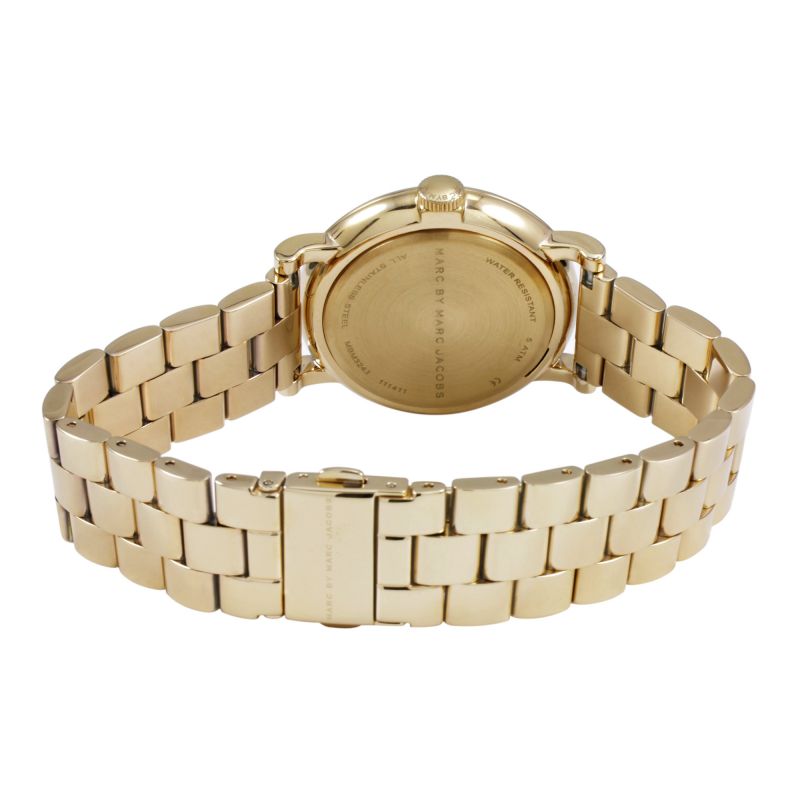 Case back view of Baker Dexter watch showing gold-tone metal bracelet and closure