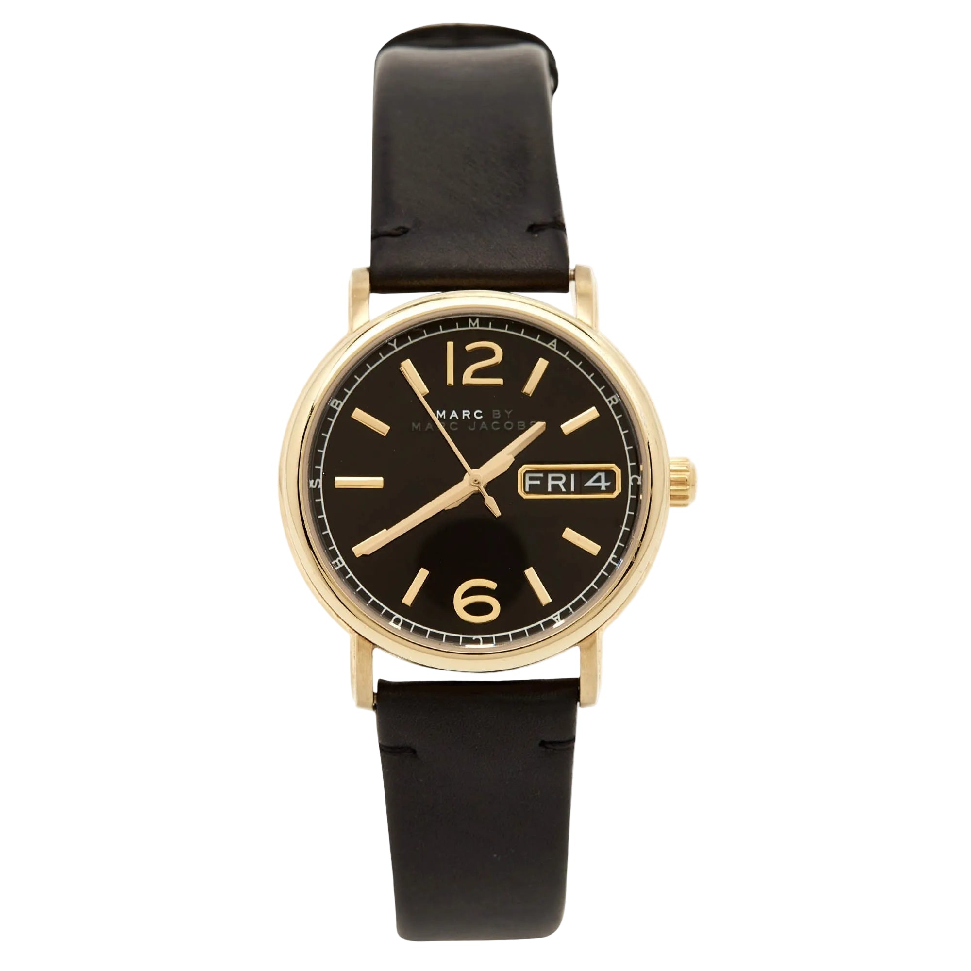 Marc by Marc Jacobs MBM8651 women's quartz watch with gold-tone case, black dial, and black leather strap
