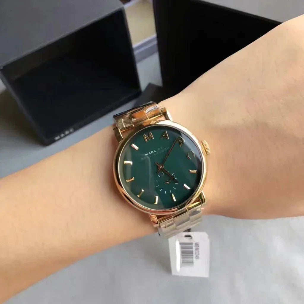 Marc by Marc Jacobs Baker MBM3245 watch worn on wrist with green dial