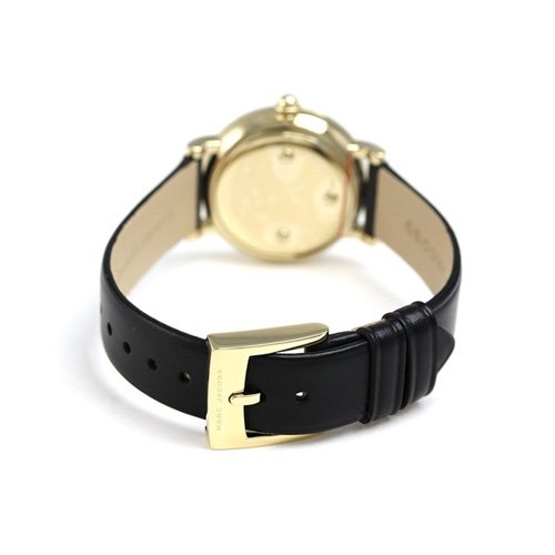Back view of Marc Jacobs Classic Mini watch with gold-tone caseback and black leather strap with buckle