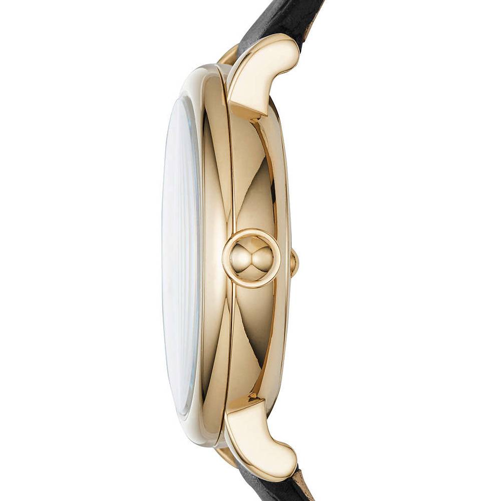 Side view of Marc Jacobs Classic Mini watch showing gold-tone case profile and black leather strap