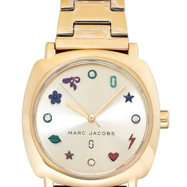 Marc Jacobs Mandy MJ3549 gold watch with colorful heart star flower symbol dial markers
