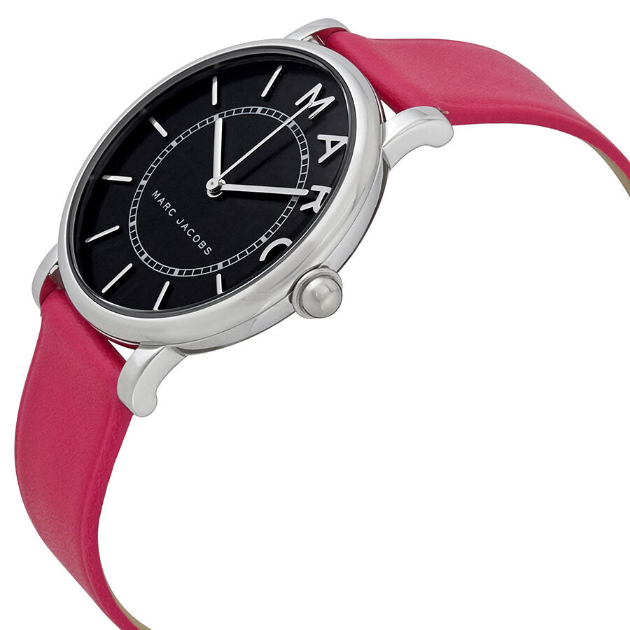 Marc Jacobs Roxy watch on-wrist view showing pink leather band and silver case