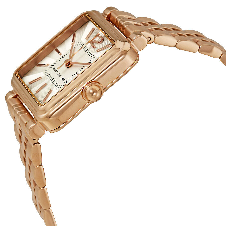 Marc Jacobs Vic white dial rose gold watch side angle with bracelet