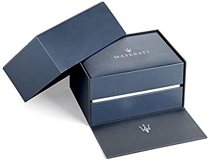 Maserati watch packaging with navy blue presentation box and lid