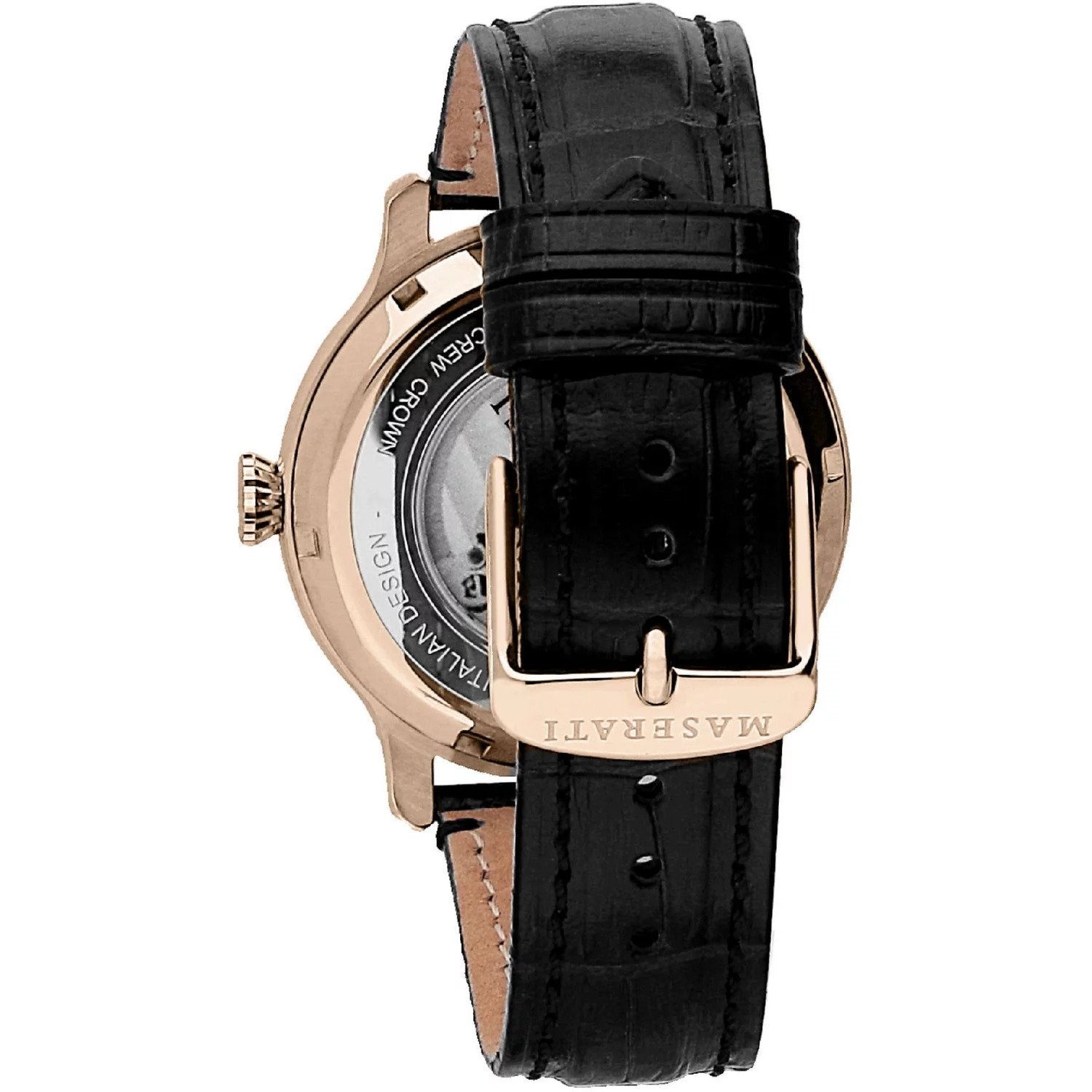 Case back of Maserati watch showing automatic movement and 300m water resistance marking