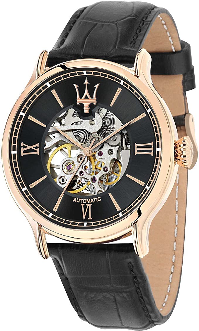 Maserati automatic skeleton men's watch with black dial, rose gold case, and black leather strap