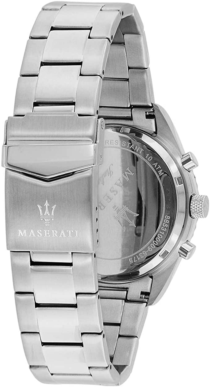 Caseback view of Maserati chronograph watch showing stainless steel case and Maserati logo