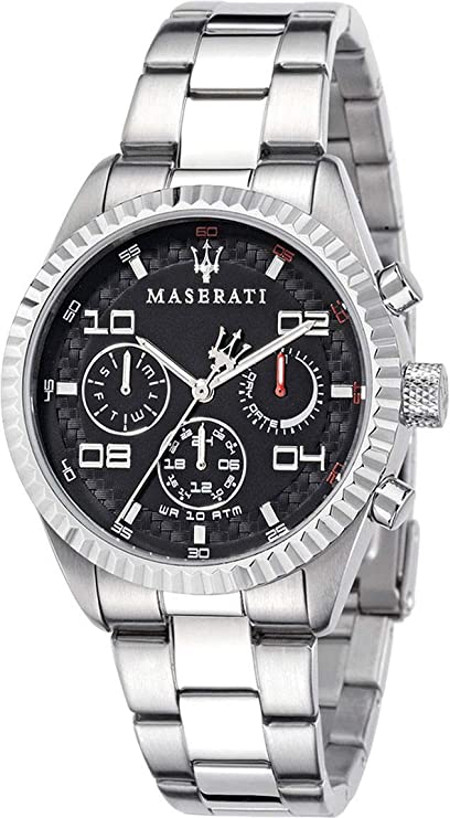 Maserati chronograph watch with black dial, stainless steel case and bracelet, three subdials and fluted bezel