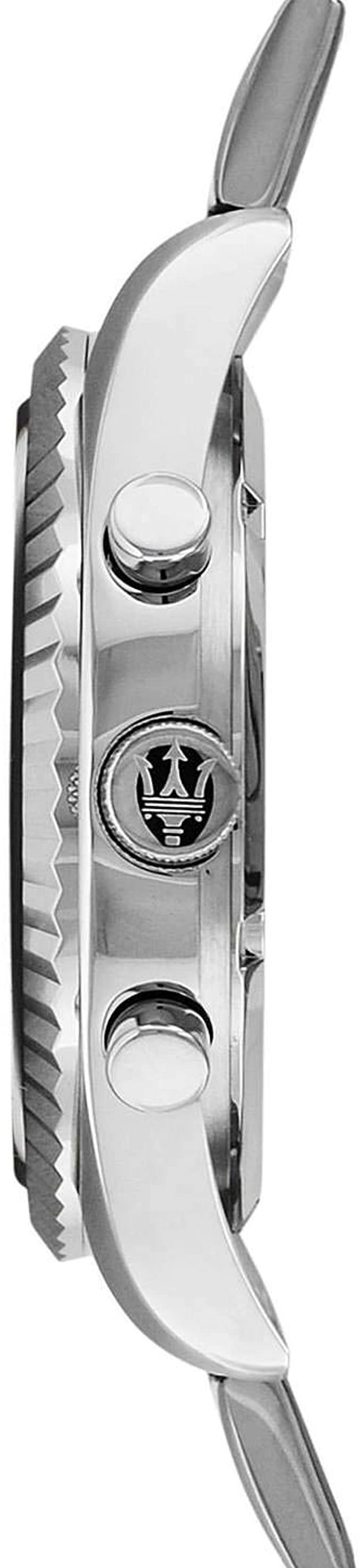 Side profile of Maserati chronograph watch showing case thickness and stainless steel bracelet