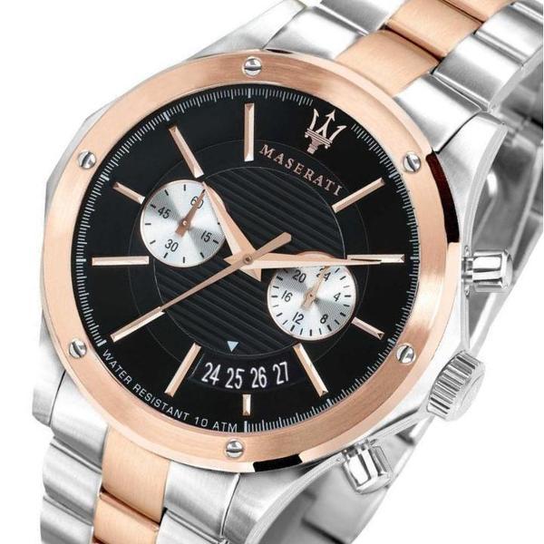Angled view of Maserati Circuito chronograph with rose gold bezel and dual sub-dials