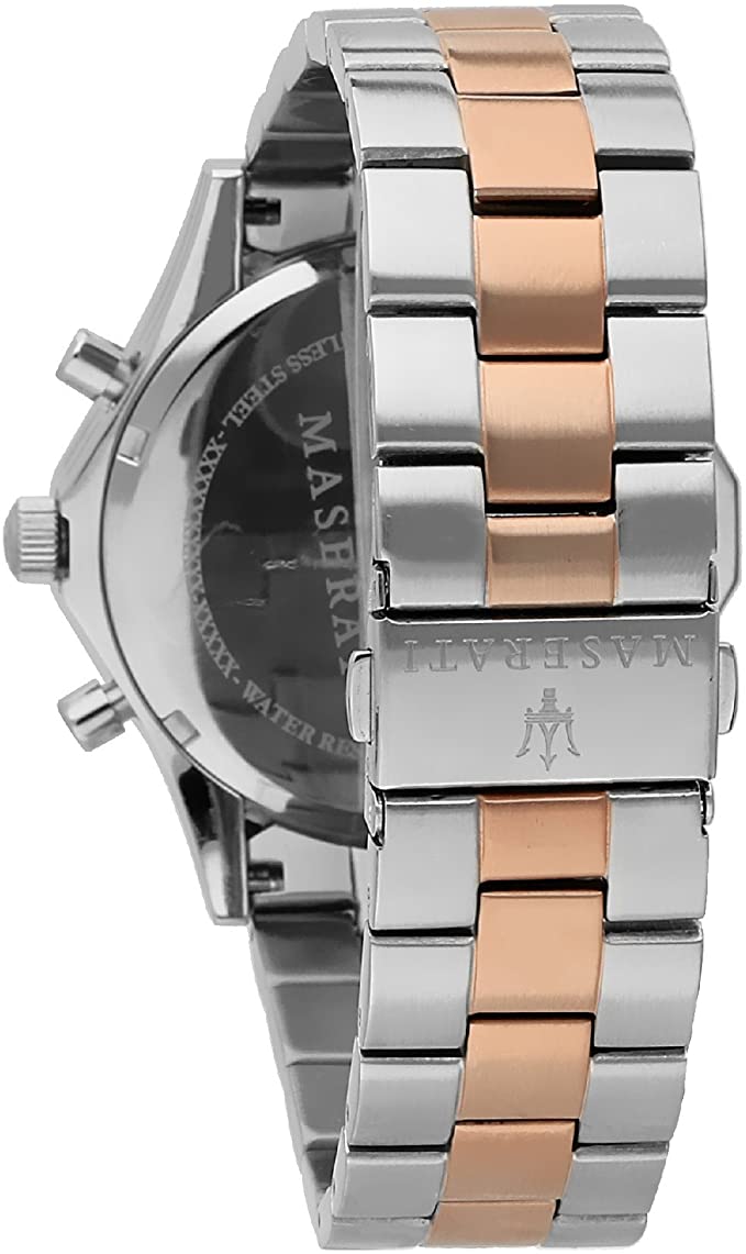 Side view of Maserati Circuito chronograph showing two-tone steel and rose gold bracelet