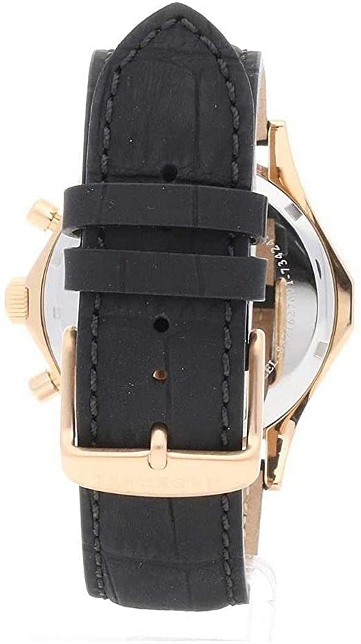 Caseback view of Maserati Circuito watch showing rose gold case back and black leather strap