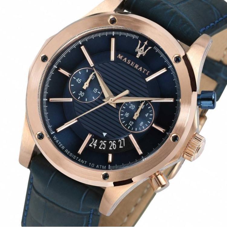 Angled view of Maserati Circuito chronograph showing blue dial and rose gold case detail