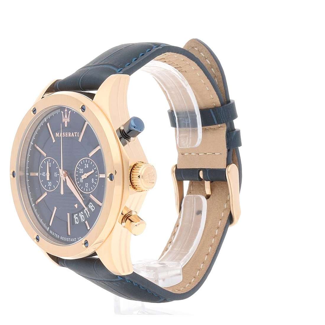 Side profile of Maserati Circuito watch showing case thickness and blue leather strap