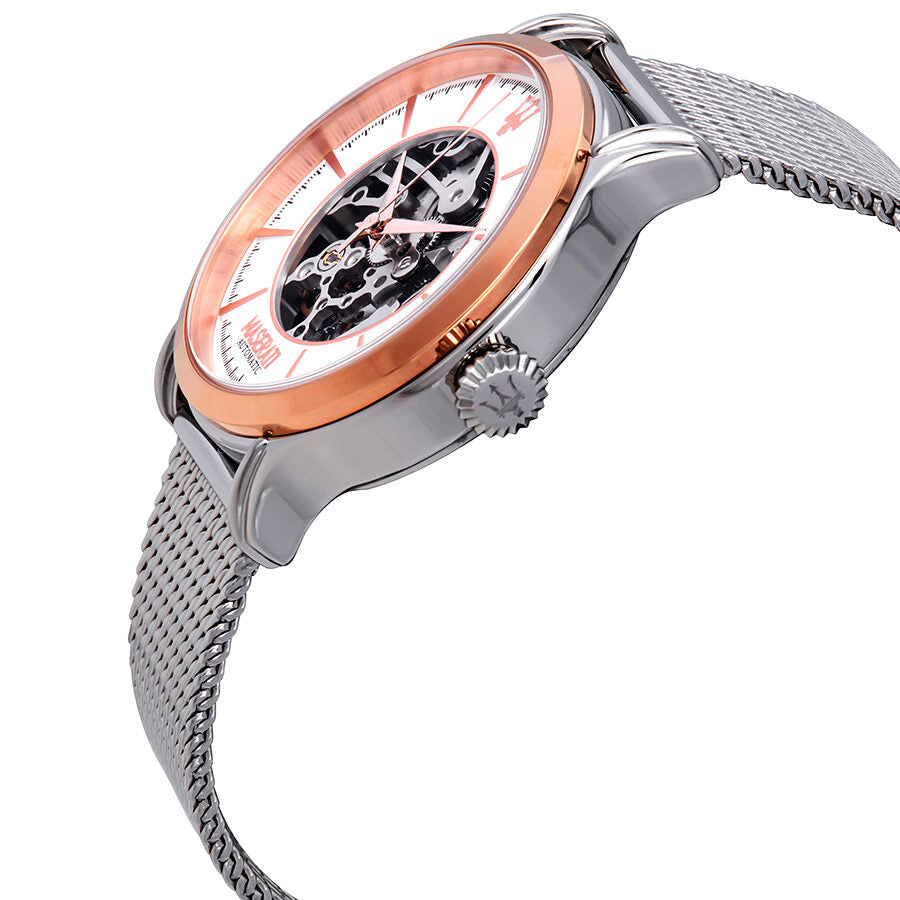Maserati Epoca watch angled view showing rose gold case and mesh strap