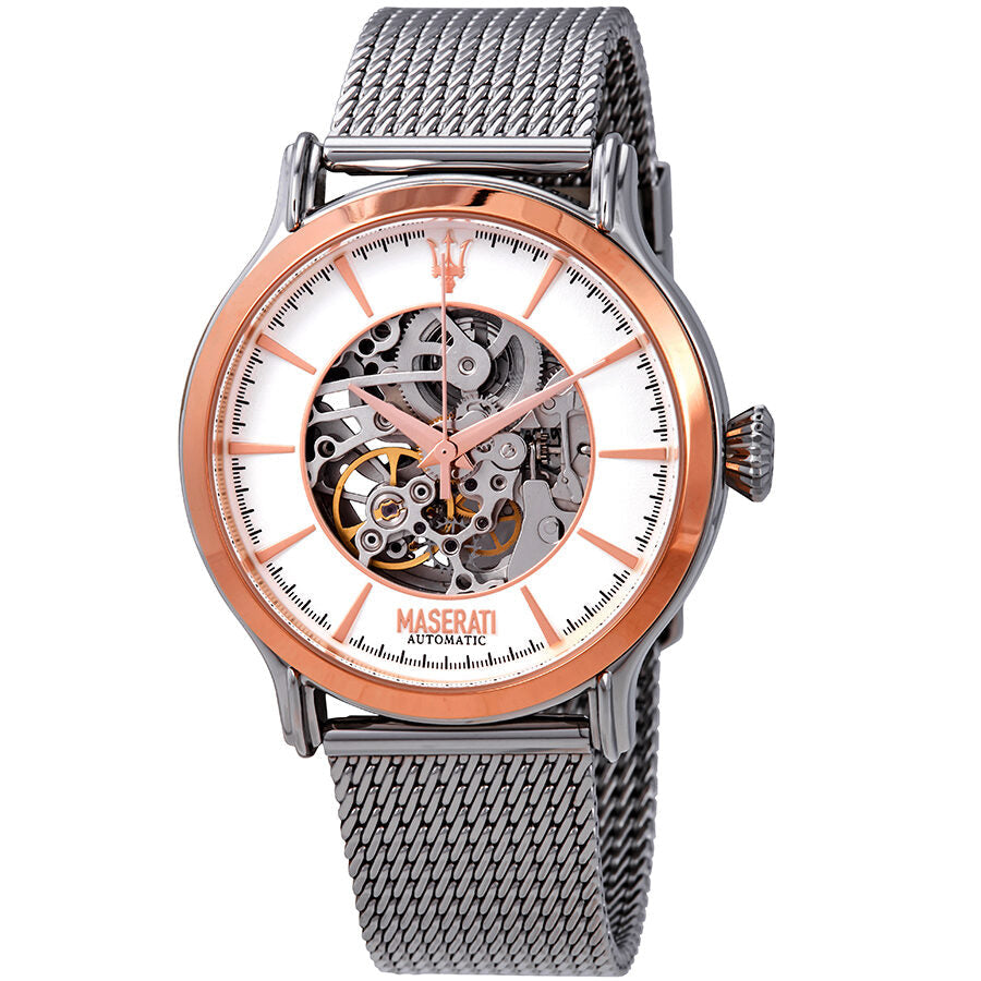 Maserati Epoca automatic watch with white open heart dial and rose gold bezel