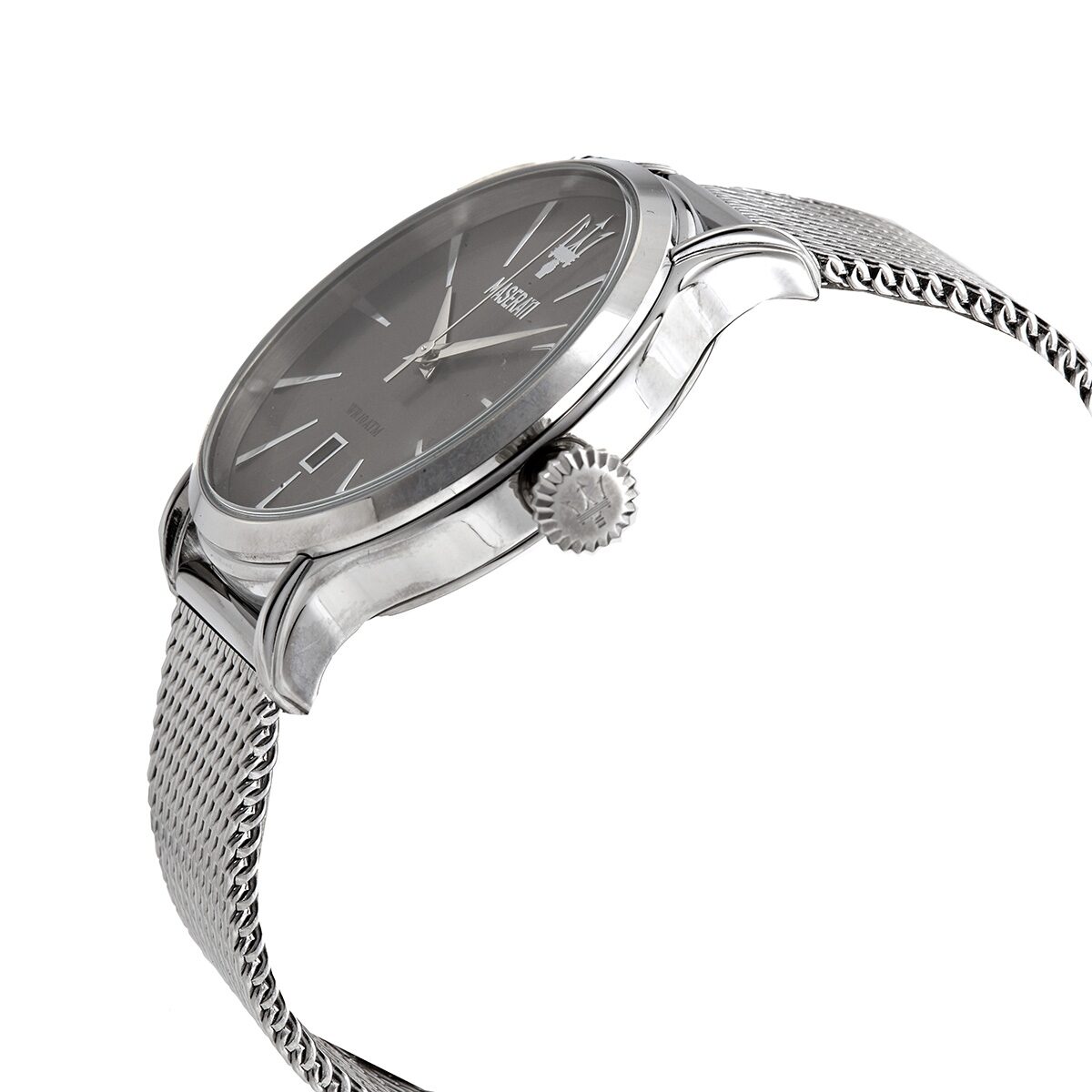 Maserati Epoca watch side angle view showing grey dial and mesh bracelet