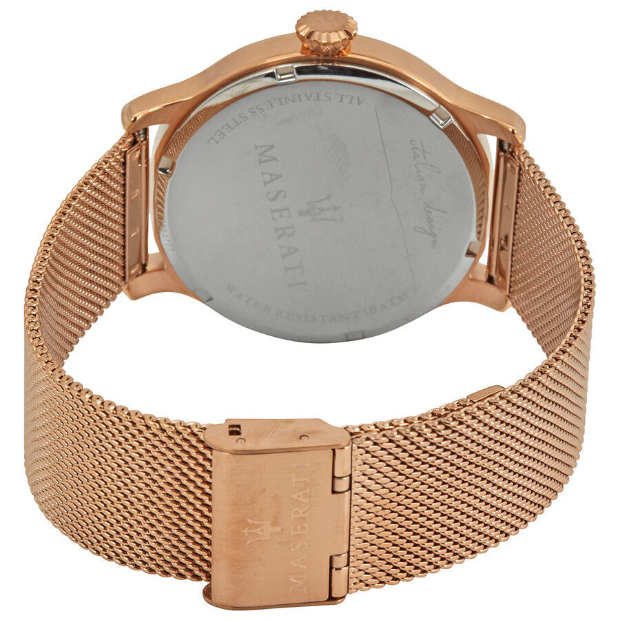 Maserati Epoca watch caseback showing Maserati branding and mesh strap closure