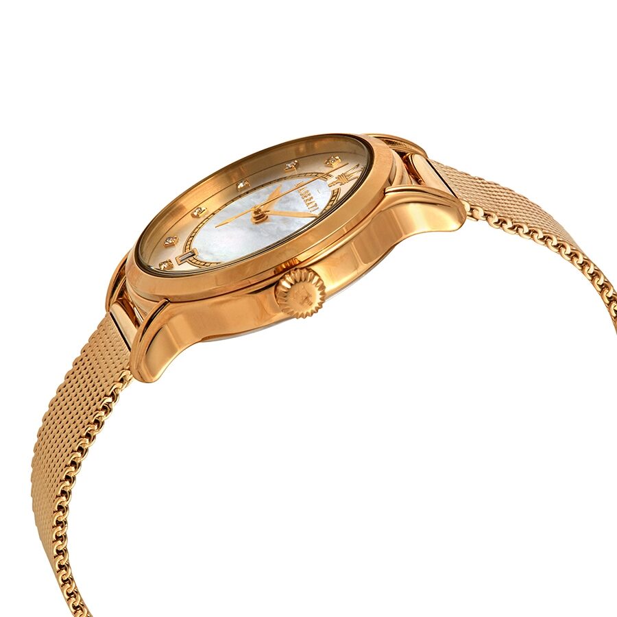Side profile angle of Maserati Epoca gold ladies watch with mesh strap