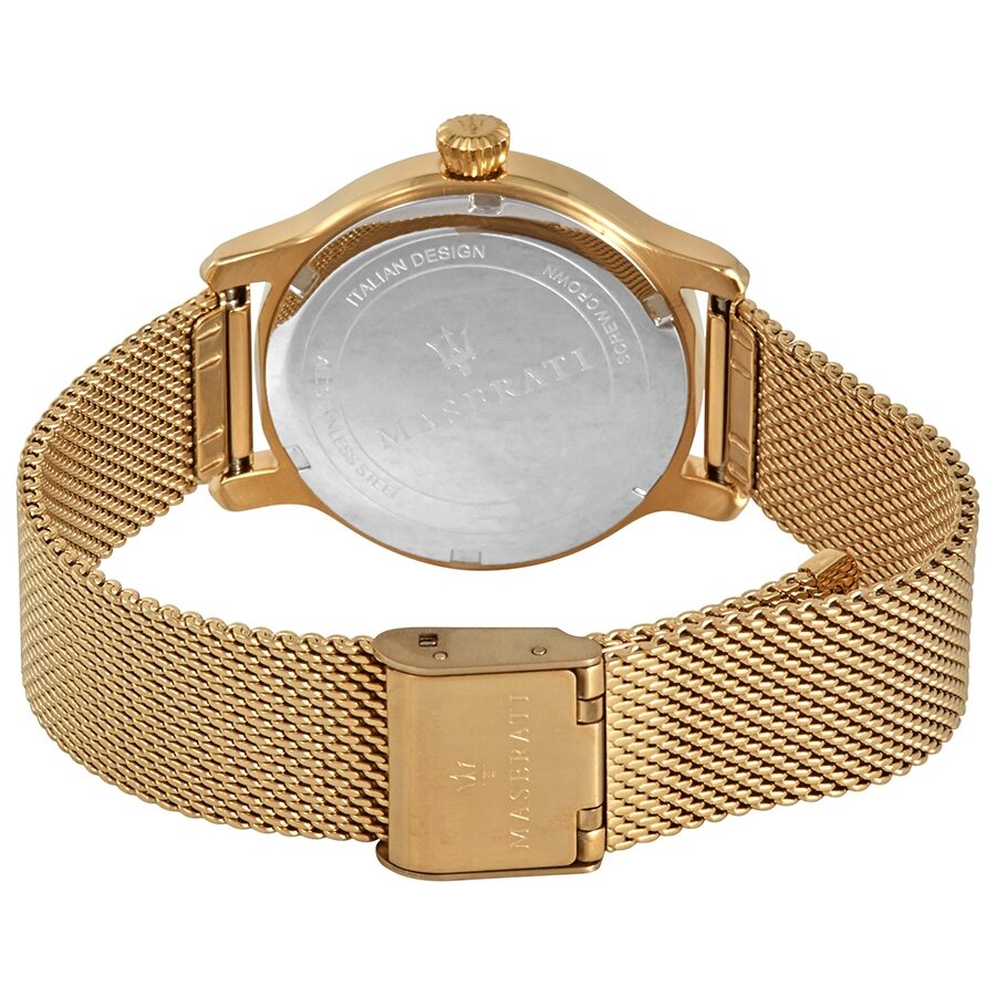 Caseback view of Maserati Epoca watch showing gold mesh strap and case back