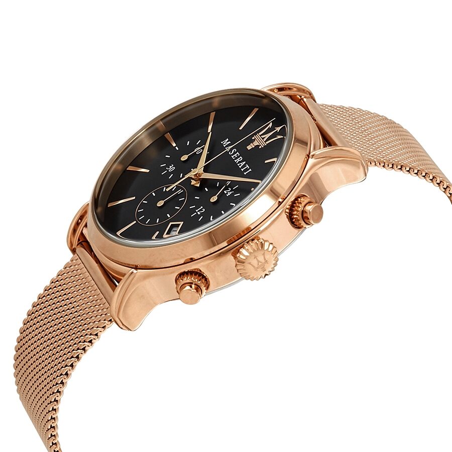 Maserati Epoca Chronograph displayed at angle showing rose gold case, chronograph pushers, and mesh strap