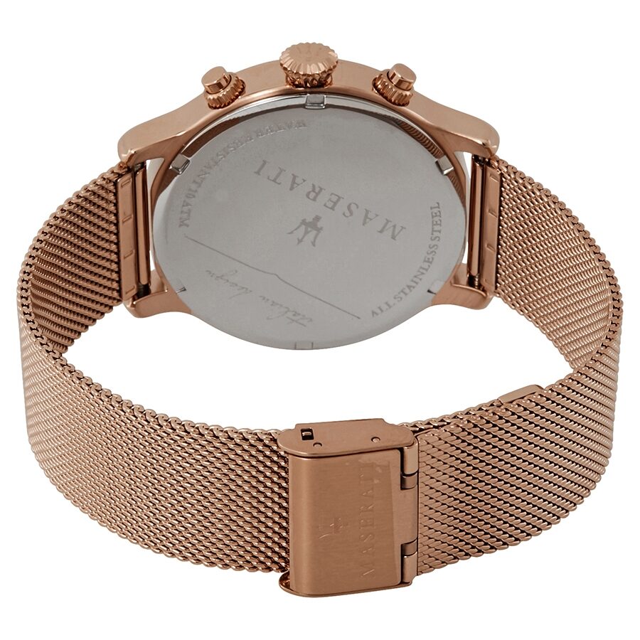 Maserati Epoca case back showing rose gold stainless steel and mesh strap with fold-over clasp