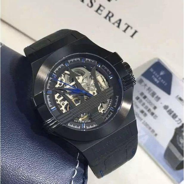 Close-up of Maserati Potenza skeleton dial showing exposed automatic movement and blue hands
