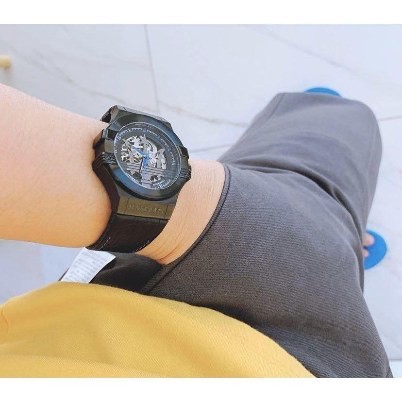 Maserati Potenza black leather watch worn on wrist with black dial skeleton movement visible