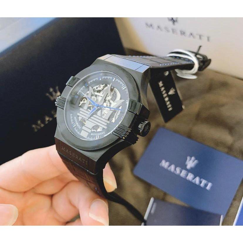 Angled view of Maserati Potenza watch showing case profile and black leather strap with blue stitching