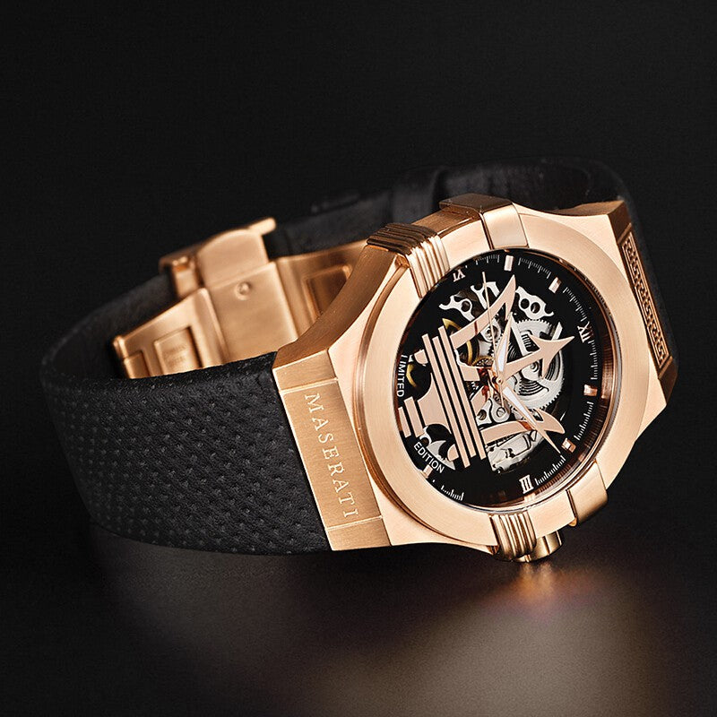Maserati Potenza rose gold watch at angle showing case profile and black leather strap